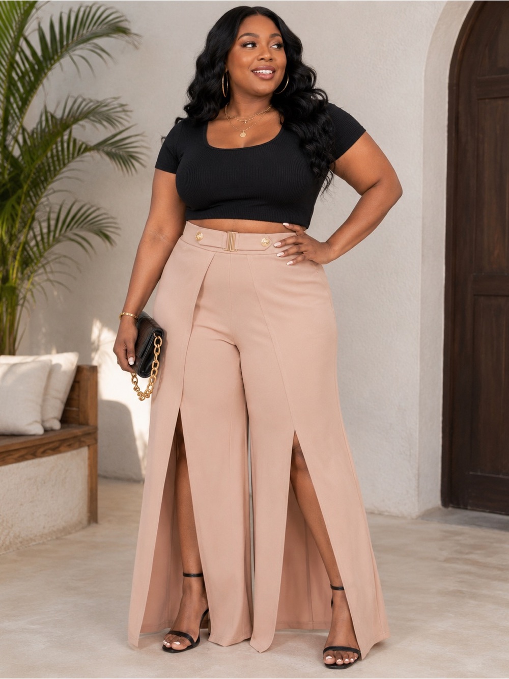 High-Waist Taupe Wide-Leg Split Front Pants